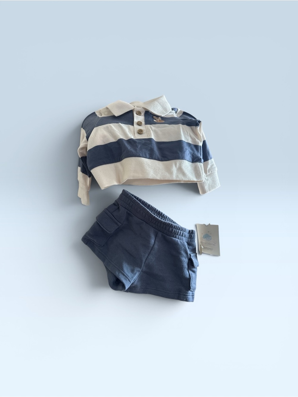 Cloud island Navy and Ivory Striped Polo with Navy Shorts Set. Sz NB